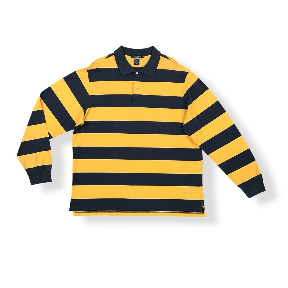Daniel Cremieux Polo Shirt Men XL Blue Yellow Long Sleeve Rugby Stripe